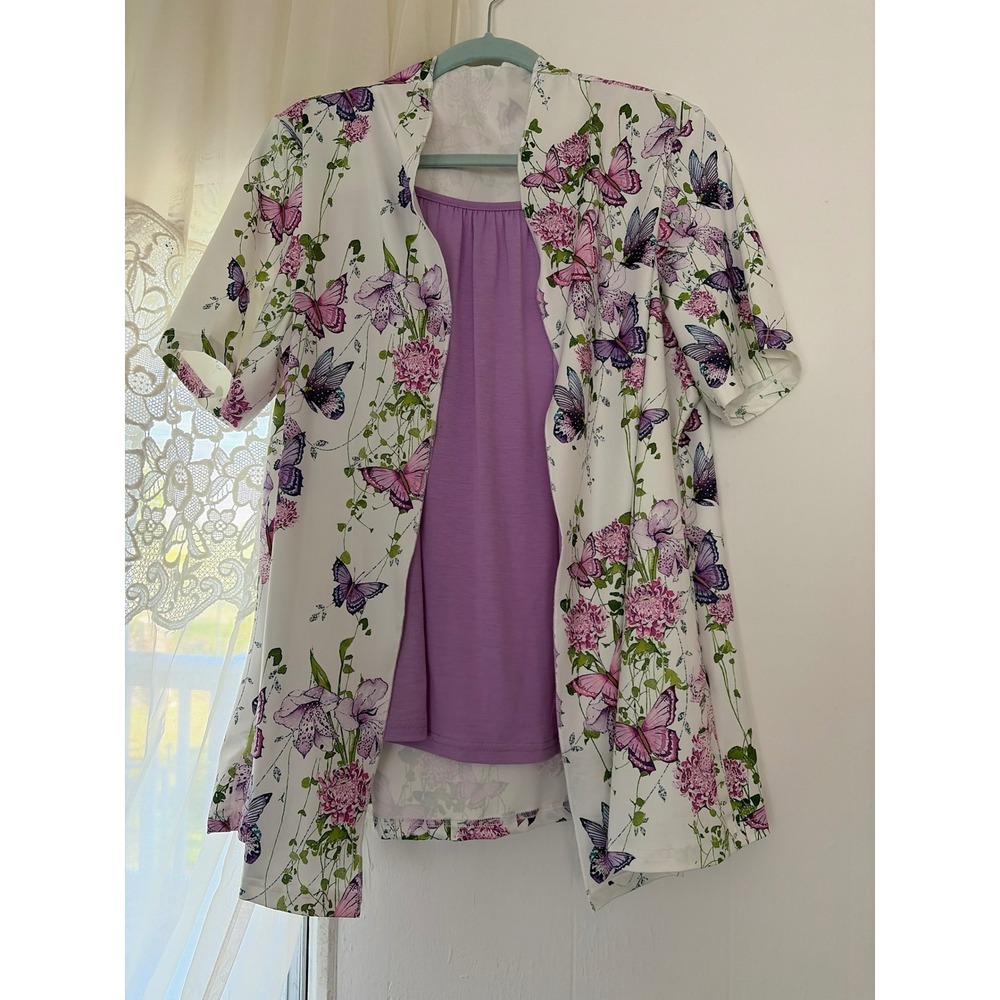 2‎ Piece Set Women XXL Purple Butterfly Floral Cardigan Cami Cottagecore Grandma
